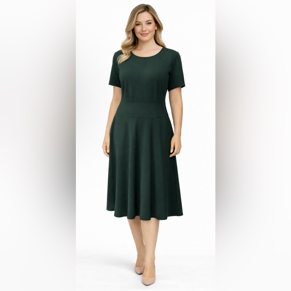 Lane Bryant Midi Dress 18 Short Sleeve Forrest Green Stretch Pockets Washable
